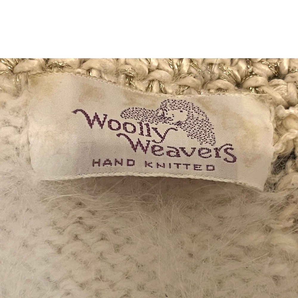 Hand Knitted Cream Gold Metallic Fuzzy Striped Sweater Crop Woolly Weavers Small - Picture 6 of 8